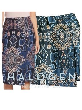 Halogen (Nordstrom) Blue Multi-Colour Metallic Jacquard Asymmetric Skirt (16P)